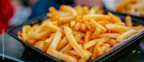 A tray of french fries is sitting on a table, blurred background