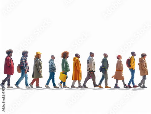 crowd of people looking up in amazement while walking left to right, right to left. Side way view,