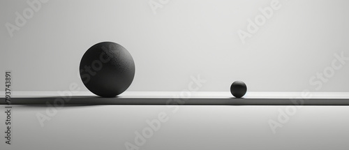 Minimalist scene with black balls placed on large shelf, harmony concept photo