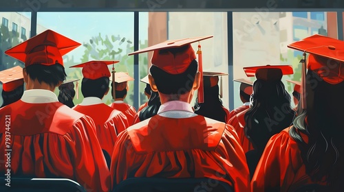  illustration of Graduates wear red graduation gowns
