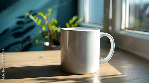 A mockup of mug white with modern background, cup of coffee, photography product, white background, logo mock up, mug, 4K photo, Generative by AI 