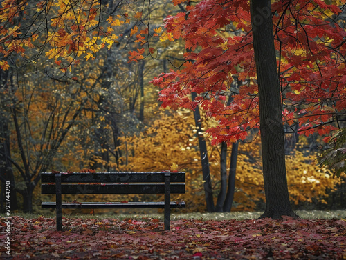 A serene bench surrounded by vibrant autumn trees in a raw, natural style setting.