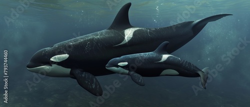 An adult orca whale swims alongside its calf, a tender display of maternal care and ocean life in harmony. photo