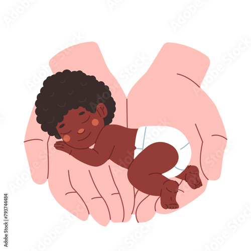 Afro infant smiling on hands illustration. Newborn in diaper isolated on white background.  Sweet baby girl sleeping in arms