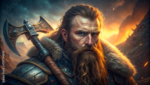 A stoic dwarven warrior with a rugged beard and furrowed brow, a battle axe slung over one shoulder. AI Generative © Big