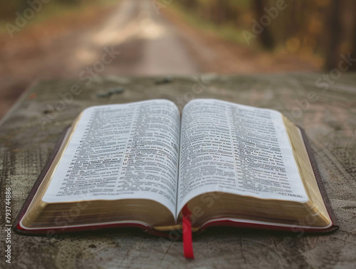 Open Bible with highlighted verse 6, styled in a raw and rustic manner, set against table. photo