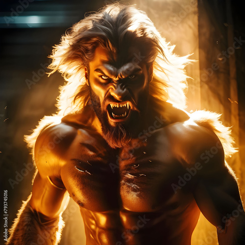 A fierce werewolf caught mid-transformation, muscles bulging and fangs bared. AI Generative