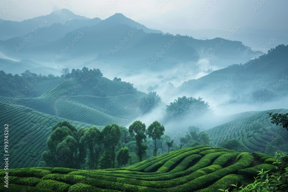 Tea plantation in China with terraced rice fields and mist-shrouded mountains