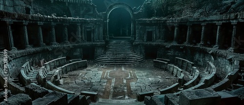 Moonlight shrouds an abandoned amphitheater in mystery, highlighting its age-old architecture and desolate beauty.
