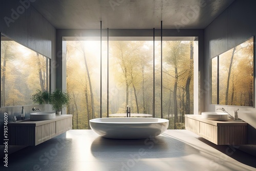 Serene Forest Bathroom with Tub  Sink  and Window in Morning Haze
