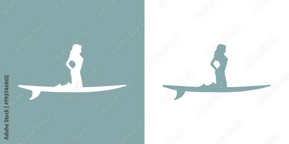 Logo club de surf. Silueta de mujer de rodillas encima de una tabla de surf