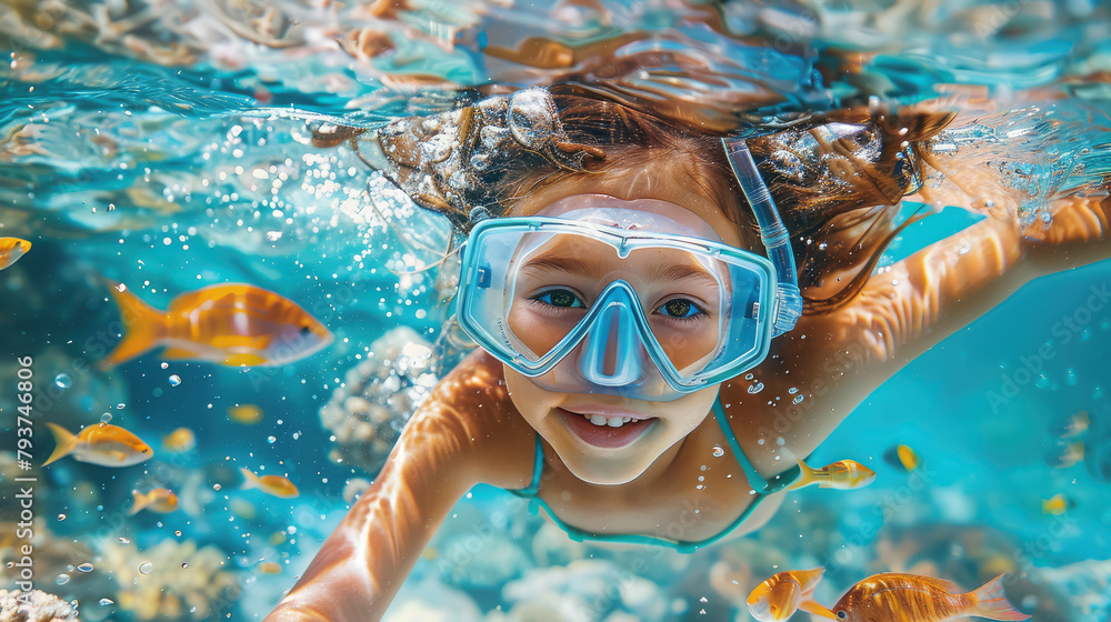Fototapeta premium girl in a diving mask with a snorkel swims underwater, ocean, sea, marine, fish, water, woman, portrait, face, scuba, summer, sport, dive, vacation, blue water, world, head, coral reef, travel