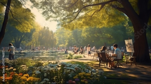 A lively painting of friends sitting around a table in a vibrant park setting