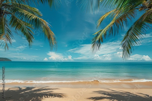 Secluded beach with golden sand turquoise sea water and palm trees swaying in the breeze