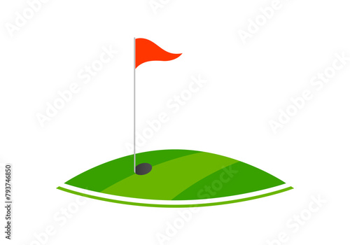 Golf icon or logo with flag on green grass and golf hole. Vector illustration.