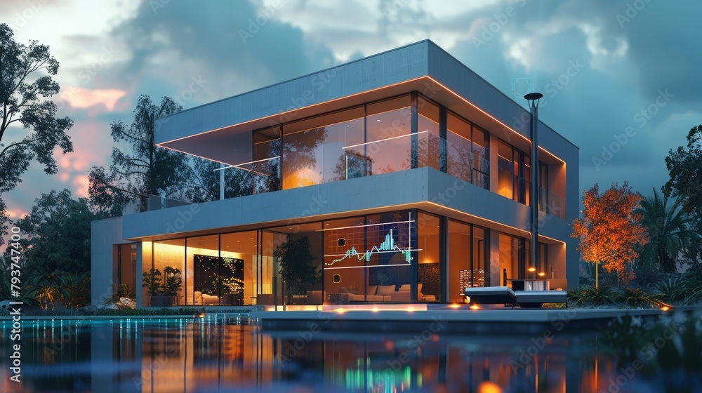 Modern minimalist house at dusk with digital stock market graph overlay in the backdrop suggesting financial analysis