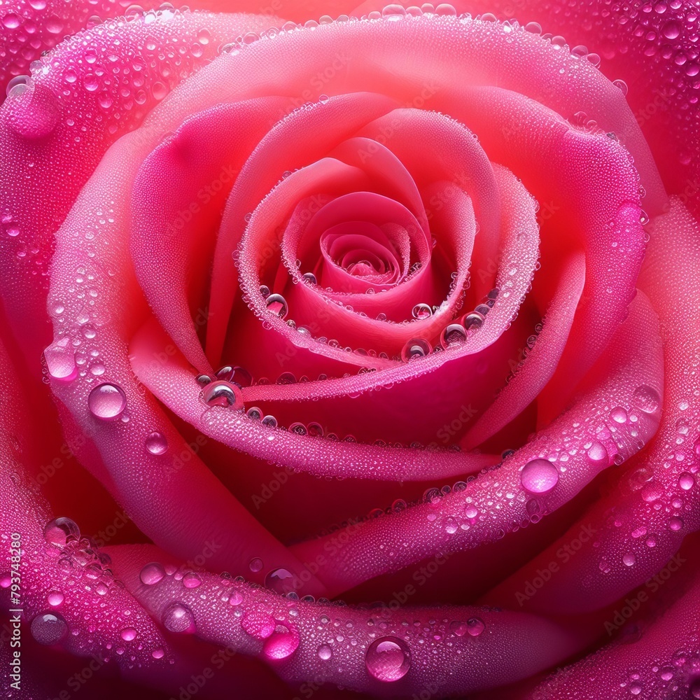 Close-up view of pink rose petals with dew drops - Macro flower