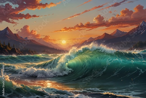 illustration of high waves and mountains with sunset in the background