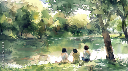 Three individuals are seated along the edge of a river bank photo