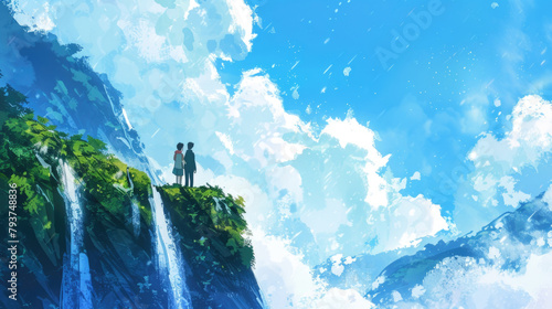 Two individuals are standing on a rocky cliff overlooking a majestic waterfall. The powerful water cascades down into a pool below as the two people observe the natural wonder