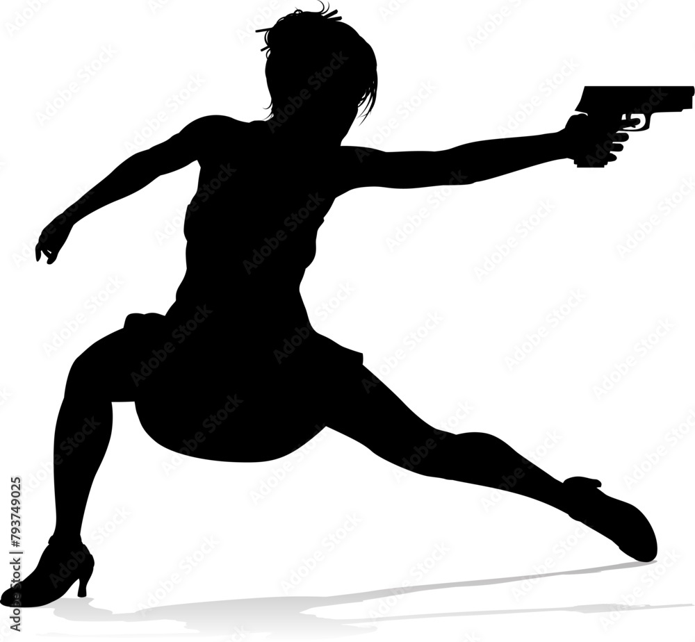 An action hero female movie star woman in silhouette. In a hitman, spy or secret agent detective type role halding a hand gun. An action hero female movie star woman in silhouette. In a hitman, spy or secret agent detective type role halding a hand gun.