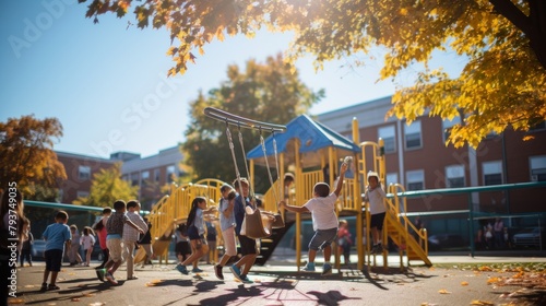 A vibrant scene of children of various ages happily playing together on swings, slides, and monkey bars photo