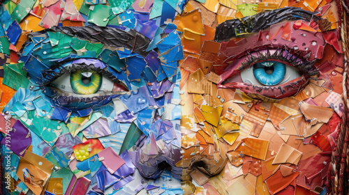 Detailed close-up of a human face meticulously created using colored paper, showing intricate craftsmanship and creativity