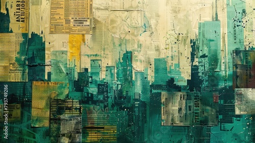 Vintage grunge green collage poster with asian cityscape. Different textures and shapes © DELstudio