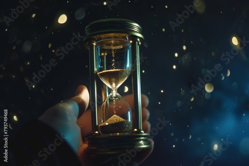 Antique Hourglass in Mid-Air with Graceful Golden Sand Flow. Beautiful simple AI generated image in 4K, unique.