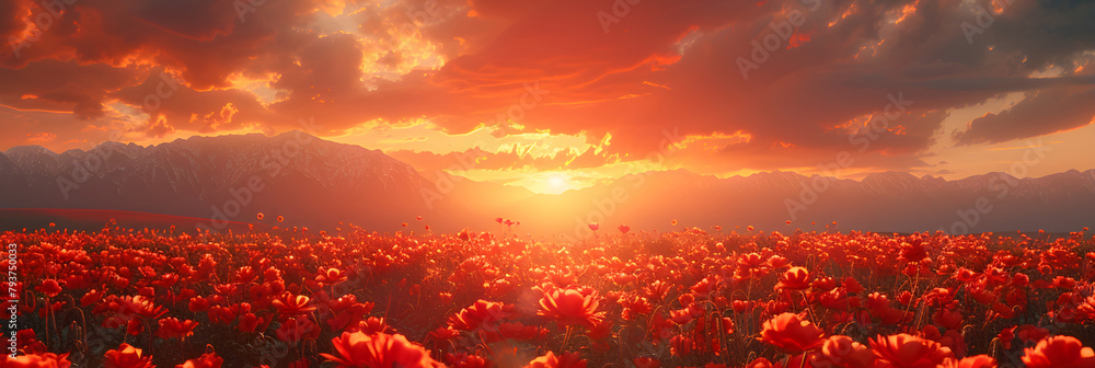 Field of poppies at sunset. Beautiful background for a banner for Memorial Day or Independence Day - obrazy, fototapety, plakaty 
