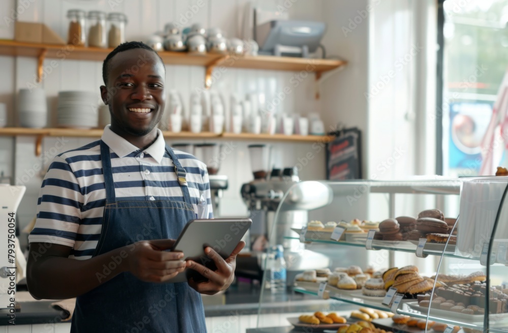 A friendly male worker at a cafe standing with a tablet in front of a pastry display case
