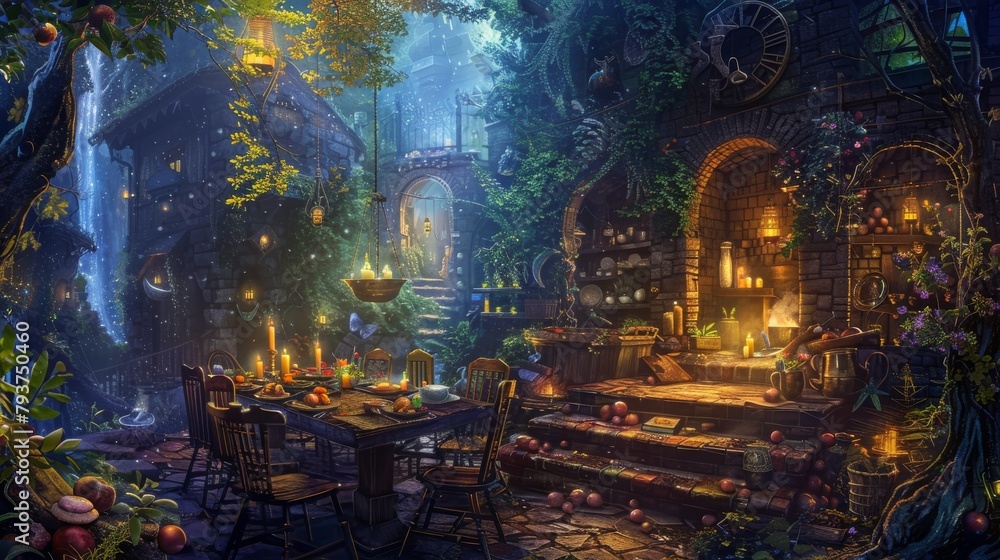Enchanted forest scene with two characters relaxing by a mystical fountain