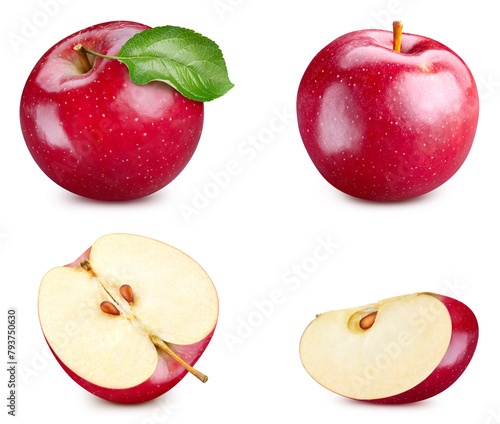Red apple collection isolated on white background. Fresh apple leaf. Clipping path apple. Red apple macro studio photo