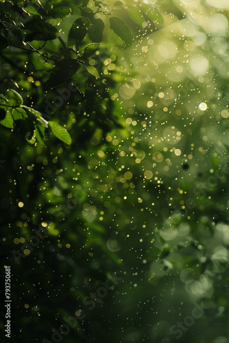**a blurred image of a green forest, in the style of romantic graffiti, resin, black background, traditional vietnamese, water drops, ricoh gr iii, flower and nature motifs 