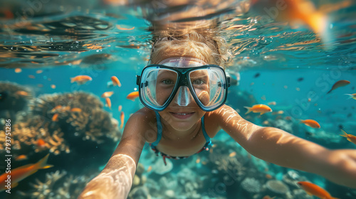 girl in a diving mask with a snorkel swims underwater, ocean, sea, marine, fish, water, woman, portrait, face, scuba, summer, sport, dive, vacation, blue water, world, head, coral reef, travel