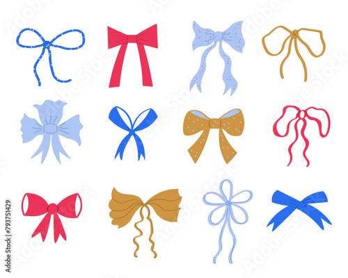 Bow of various set cartoon bow knots, gift ribbons. Hand drawn vector doodle with trendy hair braiding accessory, gift decoration on isolated background. Design element for congratulation, birthday