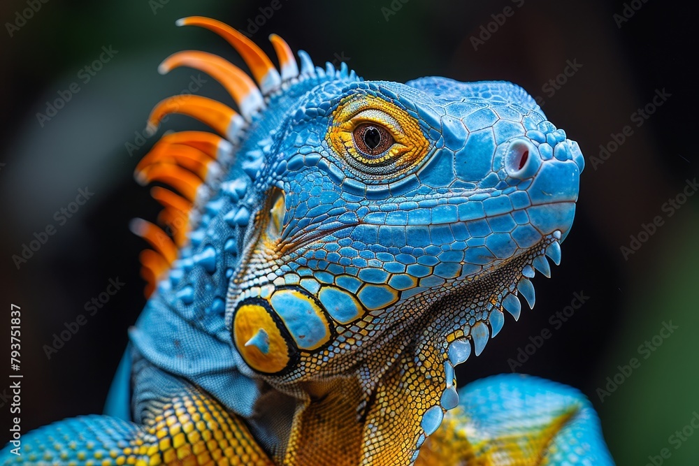 Obraz premium Blue Iguana: Basking in sunlight with vivid blue scales, symbolizing exotic beauty
