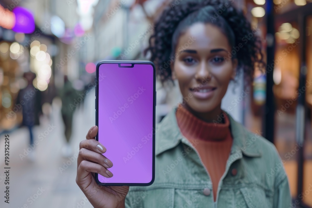 App demo woman in her 40s holding an smartphone with a completely purple screen