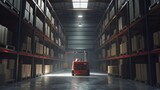 Inside the warehouse, a forklift meticulously arranges pallets and boxes, maneuvering with precision and efficiency. 