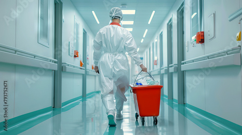 Healthcare Worker in Protective Gear walking with Medical Waste Bin in Hospital Corridor