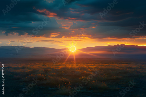 wide shot of open landscape at dawn, bright orange yellow neon shape floating in the center in the distance, mountains far away, mesmerizing clouds, god rays photo