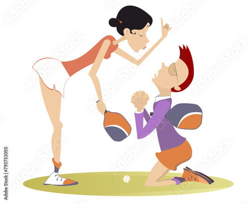Couple pickleball players. Angry woman and upset kneeling man. 
Pickleball court. Angry woman scolds an upset man standing on the knees. Man begs forgiveness from his girlfriend 
