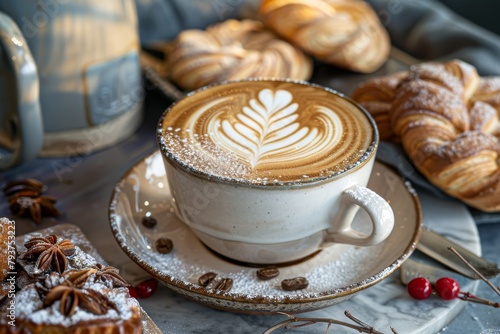 A cozy café setting with a latte art design on top of a cappuccino, surrounded by freshly baked pastries.  photo