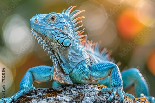 Blue Iguana: Basking in sunlight with vivid blue scales, symbolizing exotic beauty