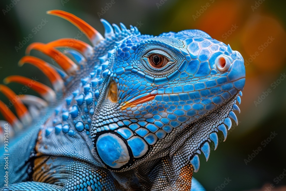 Fototapeta premium Blue Iguana: Basking in sunlight with vivid blue scales, symbolizing exotic beauty