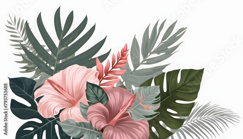 Close up of flowers bouquet with tropical leaves foliage isolated on white background. Generative AI Illustration 