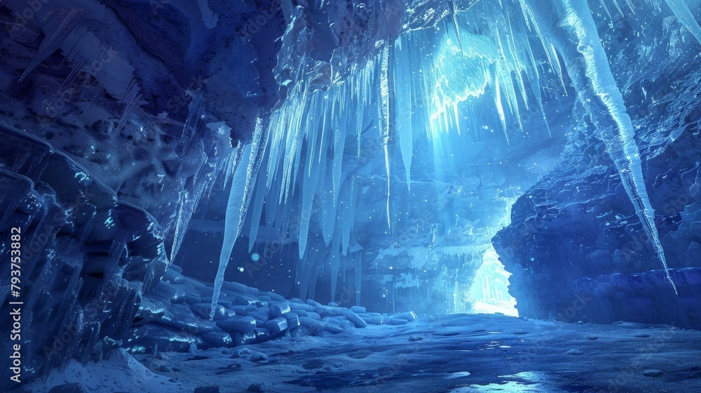 Icy Cave Interior with Glistening Stalactites
