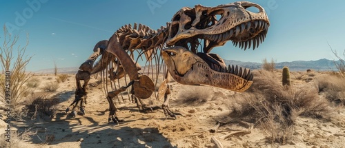 An epic depiction of two dinosaur skeletons in a confrontational stance amid the deserts expanse  simulating prehistoric combat. 3d rendering element of predator dinosaur fossil.