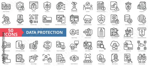 Data protection icon collection set. Containing privacy, security, encryption, cyber, confidentiality, consent, personal information icon. Simple line vector.