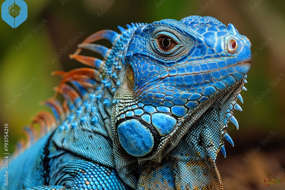 Blue Iguana: Basking in sunlight with vivid blue scales, symbolizing exotic beauty